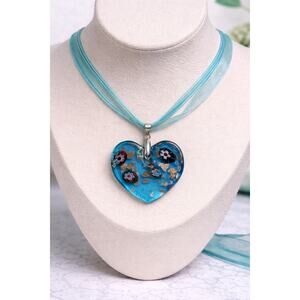 Glass Heart Pendant Necklace | Ribbon Cord